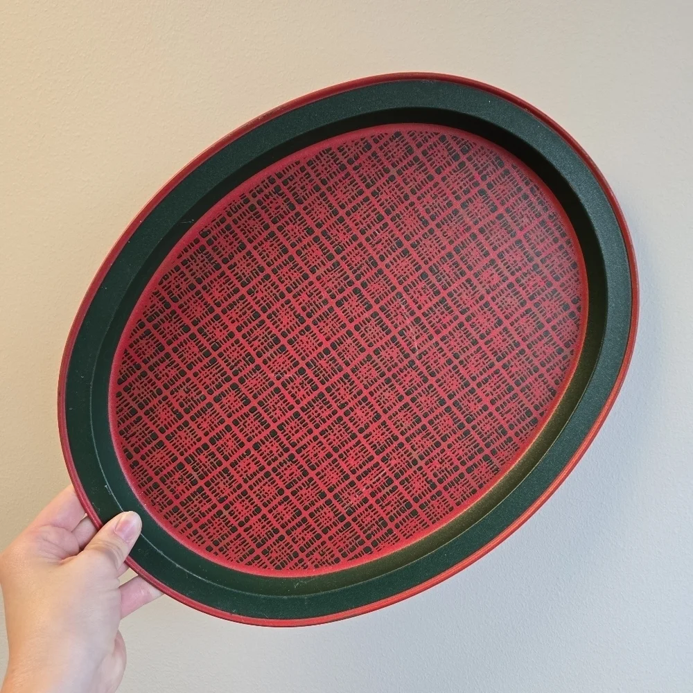 Rustic Plaid Christmas Oval Tin Tray Vintage